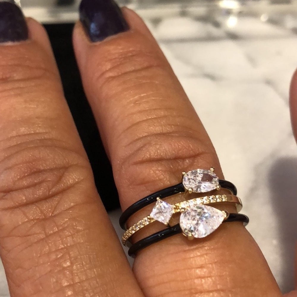 Stunning Cubic Zirconia/Black Enamel Ring Trio Set-Boutique